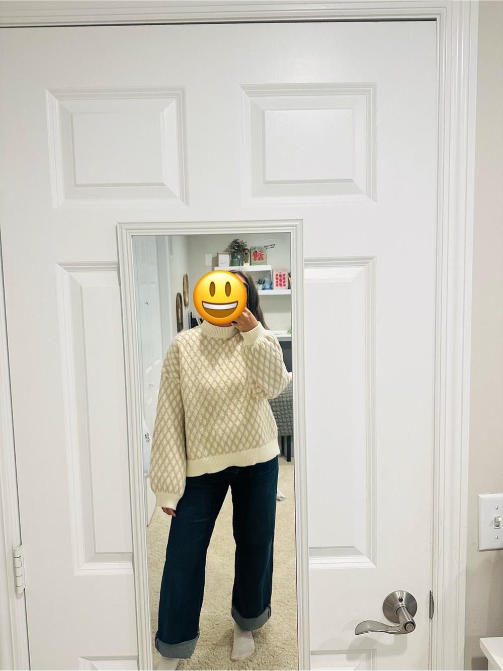 Cozy Cream Diamond-Pattern Crewneck Sweater